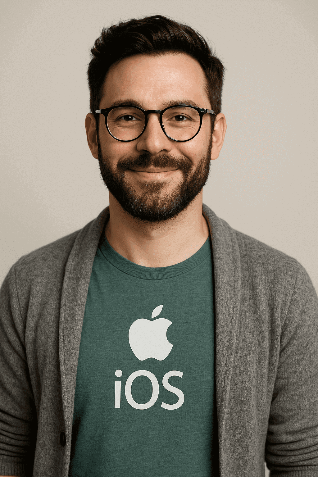 A portrait of the developer displayed on a black iPhone.